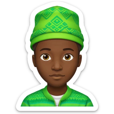 Create me an emoji of a cool Young Nigerian prince wearing a neon green gradient African patterns with "hula hat" (a Nigerian-inspired hat).  sticker