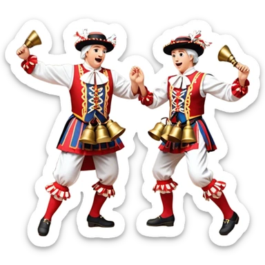 Cinematic Realistic scene of two performers executing a Morris Dance in full traditional costume—with bells, ribbons, and clogs—captured in dynamic motion against a rustic English backdrop and warm, golden lighting sticker