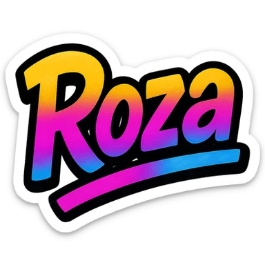 Roza name in modern colorful gradient font with dark outline, dynamic slanted or partial underline, transparent background, in the style of reference patterns sticker