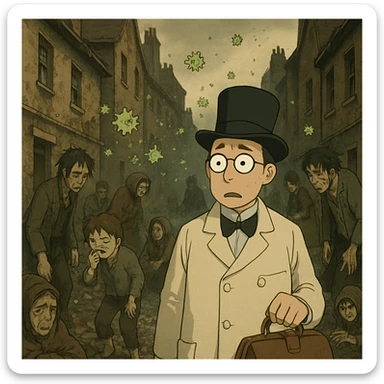 An early victorian slum area of London in the 1800s which is overpopulated, dirty and lots of waste on the floor.  There are ill looking people with germs in the air.  In the foreground is a confused looking doctor sticker