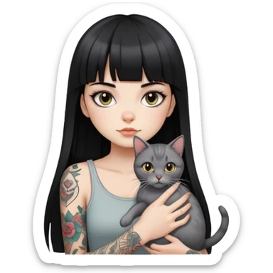 girl with long black  straight bangs hair and tattoos and a light grey-shared cat sticker