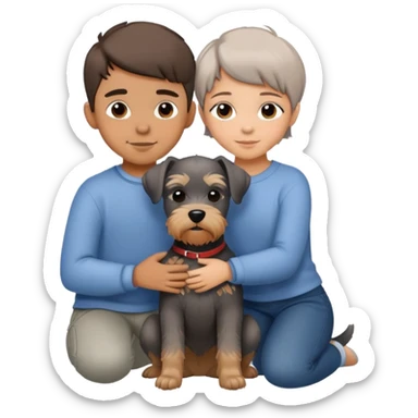 a boy and a shorthair girl hugs a Schnauzer sticker