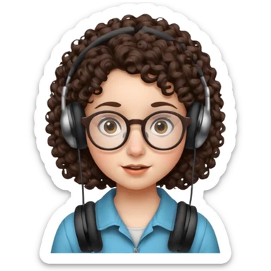 brunette kid with unique face features and very curly hair kid girl neutral and big glasess and big nose and dark eyes with freckles kind of nerd looking and headphone wearing sticker