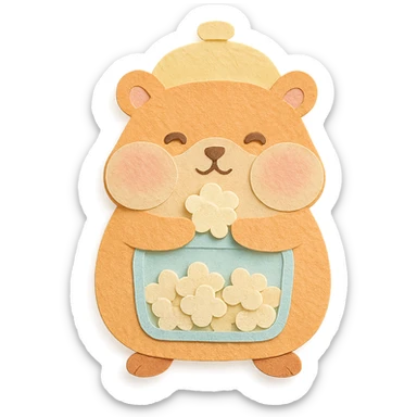 cute hamster-shaped popcorn machine, puffed cheeks, holding popcorn, soft pastel palette, full-body sticker