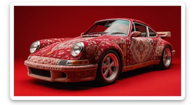 Closeup shot of a porsche 911, body of car made of russian carpet with patterns, red solid studio background, low keu light, top soft light, dutch angle,  captured by ARRI 65 sticker