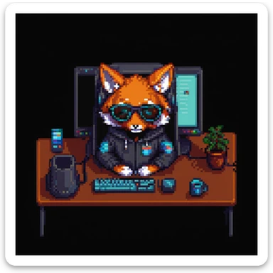 clever fox programmer-hacker wearing a hoodie and glasses, sitting at a computer, pixel art style, retro atmosphere, focus on the fox and computer, simple background sticker