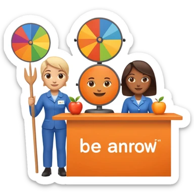 pple-style emoji of a recruitment booth. Two cartoon figures stand behind an orange table with 'MARROW, be a match' branding, a colorful spinning wheel, and a branded vertical banner. Simplified and cute sticker