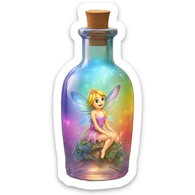 Antique oil bottle made of crystal glass of all gentle colors of the light rainbow, a living flower fairy sits at the bottom of the bottle sticker