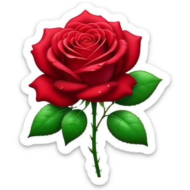 Cinematic Realistic Rose Emoji, Elegant and full of grace, with velvety, deep red petals unfurling in a perfect bloom, dew drops glistening on the soft edges, and a faint fragrance hanging in the air. The lush green leaves surround the stem, creating a vibrant contrast to the rich color of the petals. Soft glowing outline, capturing the essence of timeless beauty and romance in a single bloom. sticker