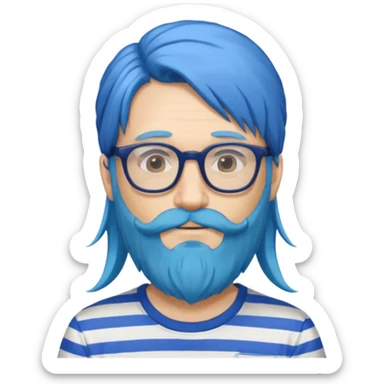 man with long blue hair, glasses, and a long beard and wearing a striped t-shirt sticker