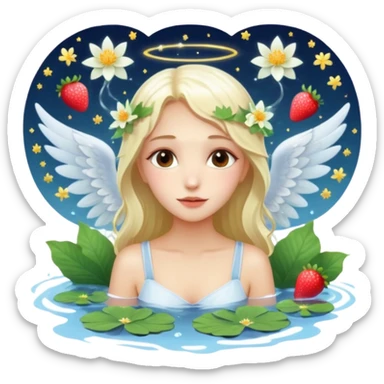 a beautiful angel like girl mix with  watel lili and  Strawberries  being born with an nenuphar on her light hair on stars  sticker