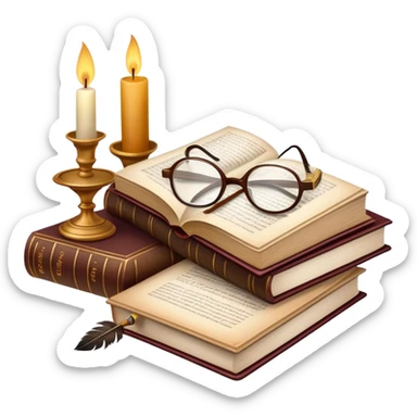 An icon showing an open classic book with elegant pages, a feather quill, and reading glasses resting on top. Behind it, a stack of literary works and a candle evoke deep study and timeless stories. Transparent background highlights the analysis of literature and texts. sticker