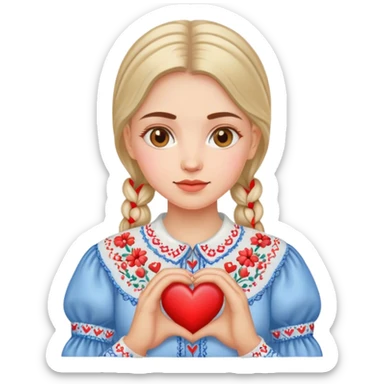 A Ukrainian woman in an embroidered shirt holds a heart in her hands sticker