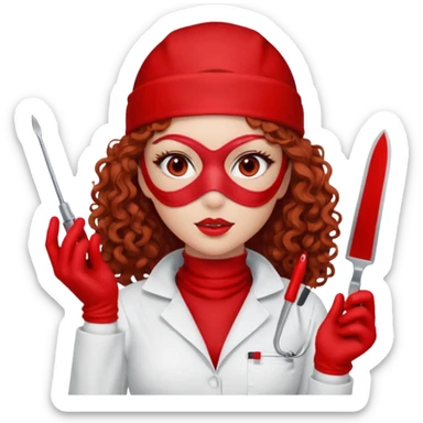 Scary woman scalpel in hand, evil surgeon sexy surgeon clothes.  She has red eyes. Her  brown long curly hair. Wears sexy doctor outfit with red gloves. make her wear red ski mask  to hide. Wears white surge9n jcketneb sticker