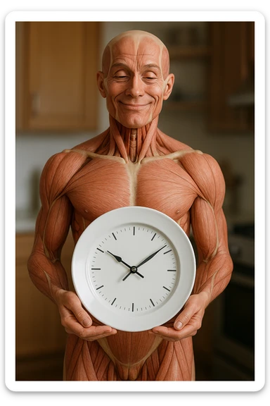 corpo umano anatomico, che tiene in mano un piatto bianco con la lancette di un orologio sopra, figura visibile fino ai fianchi, espressione del volto soddisfatta, sullo sfondo la sua cucina sfocata, iperrealistico 4k sticker