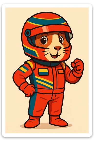 full-body cartoon guinea pig in Formula 1 racing suit and helmet, detailed sticker