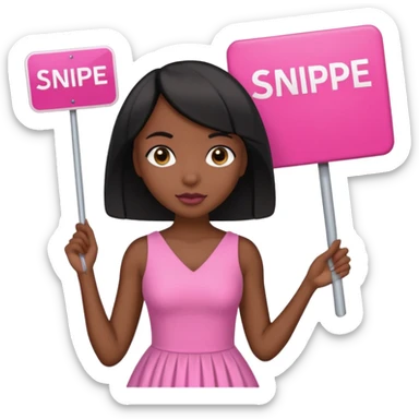 Dark skin woman with black bob in hair holding sign that says snipe  wearing pink dress  pink sign  sticker
