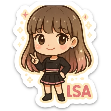 chibi sticker of Lisa from BLACKPINK, black and pink colors, cute and collectible style, with glitter and sparkles sticker