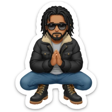 African American man with shoulder length black dreadlocks with black beard wearing black sunglasses wearing a black bubble winter coat wearing denim skinny jeans and timberland boots kneeling in prayer sticker