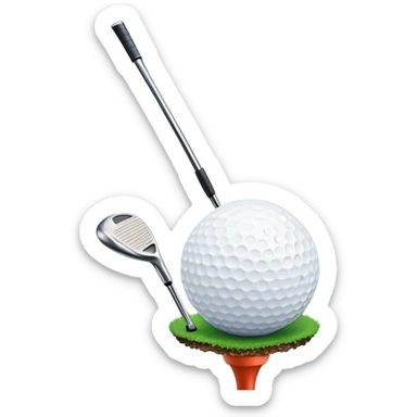 A close-up golf ball on a tee, with a golf club placed beside it, set on a well-manicured green. The background is a peaceful golf course with a clear blue sky, emphasizing the tranquility and skill required for the sport. sticker