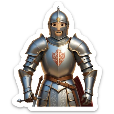 Clash of Clans aesthetic Cheerful Knight Portrait Emoji, With a radiant smile and an upright, confident stance, featuring an elegantly armored figure with intricate detailing and shining accents, his face in a natural skin tone, Simplified yet expressive features, highly detailed, glowing with a soft, luminous aura, high shine, upbeat and noble, stylized with an air of classic medieval heroism, soft glowing outline, capturing the essence of a cheerful knight ready to embark on legendary adventures! sticker