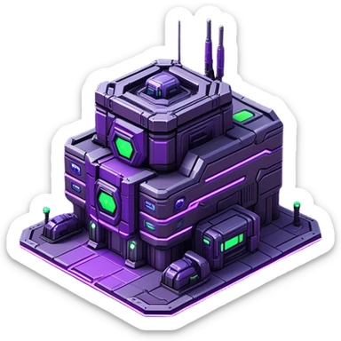 StarCraft-inspired, isometric RTS building with a rugged Terran look: thick metal plating, cyberpunk, neon, purple, rivets, subtle wear, and a gunmetal palette plus one accent color. Add minimal glowing panels for a high-tech feel. Keep it compact—like a forward outpost—and show it from a clean isometric angle, emphasizing an industrial sci-fi style and clear silhouette. sticker