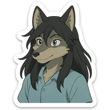 anime style wolf furry character with blue eyes, long black hair, wearing a light blue shirt sticker