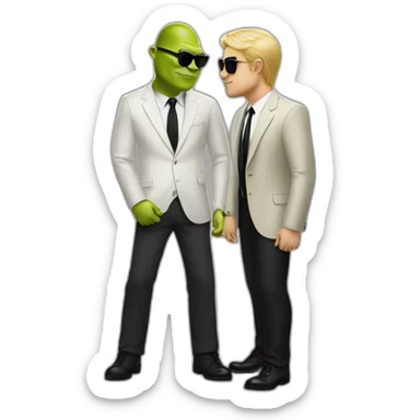 shrek kissing with white-guy-wearing-suit-with-blonde-hair-and-black-sunglasses-standing-with-black-shoes sticker