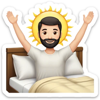 black beard happy man waking up out of bed stretching arms with sunshine in the back sticker