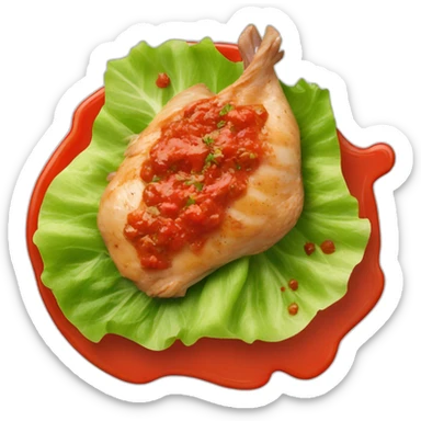 chicken steak on a lettuce leaf, covered with tomato and pepper sauce sticker