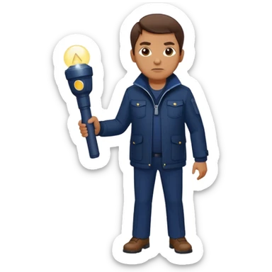 Security, Middle-aged, wearing navy blue jacket, serious facial expression, holding flashlight, full body sticker