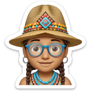 cute Indigenous tribal character portrait, head and shoulders only, wearing glasses, stylish hat, friendly smile, colorful tribal patterns, 3D cartoon, mobile game icon style, clean background, no text, no watermark
 sticker