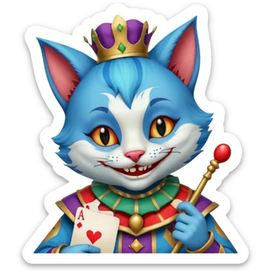 crazy colorful cute little cat jolly joker from poker, medieval, vintage, court jester, mac os icon, blue color, holds poker cards sticker