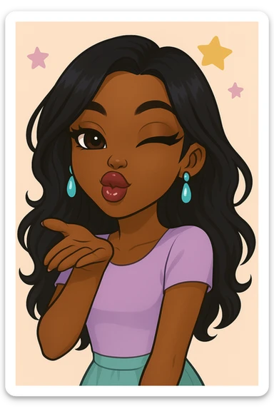 Change the pose to blowing a kiss, headshot only, keep her as a 20-year-old anime Bratz style woman with dark skin, dark hair, cute pastel Y2K look, big expressive eyes, glossy lips, and a happy expression. No tears. sticker