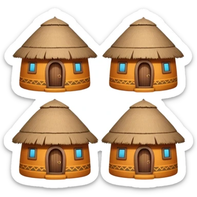 4 different African mud hut tribal houses, each unique, round adobe clay huts, thatched roofs, colorful tribal decorations, mobile game icon style, 3D cartoon, clean background, consistent lighting, consistent proportions sticker