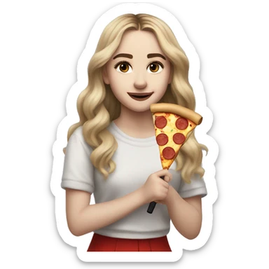 sabrina carpenter with a microphone in her right hand and a piece of pizza in her left hand sticker