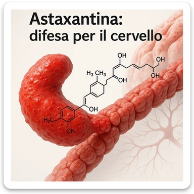 hyper realistic red astaxanthin molecule in motion crossing a stylized blood-brain barrier, clinical atmosphere, white background, with text 'Astaxantina: difesa per il cervello' sticker
