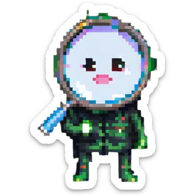 A pixelated character looking through a magnifying glass sticker