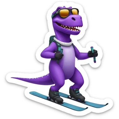 a purple dinosaur skiing with sunglasses and mountains in the back sticker