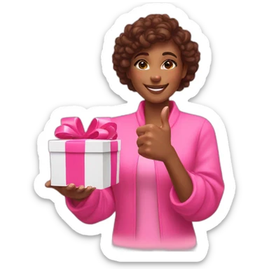 influencer promoting a pink gift box in her arms and thumb up sticker