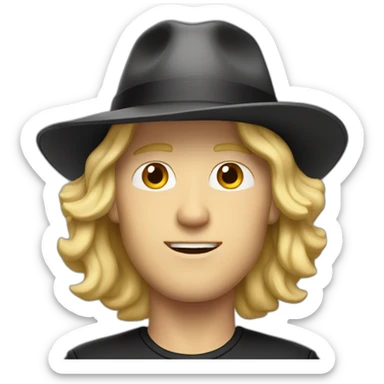 White man with blond hair wearing a fedora black hat sticker