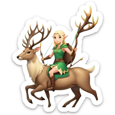 clash-of-clans-aesthetic-blond-elf-archer-portrait-emoji, rendered in a flat, vector-style with minimal shading and bold, simplified shapes, head tilted slightly forward with a determined, focused expression, riding a majestic stag whose luminous antlers glow with mystical energy, set against an ancient, enchanted forest backdrop. sticker