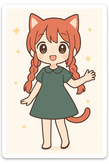 full body catgirl with red hair in twin braids, wearing a dark green dress, cute and expressive, anime style sticker