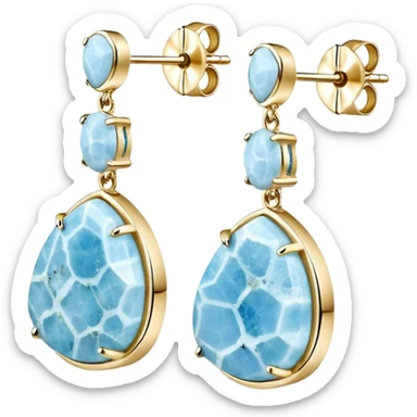 No emoji icons, no emoji faces, 8k quailty, clean, smooth design, isolated, hyper realistic, ultra sparkly, detailed, 14k yellow gold and Rare Genuine Larimar Raw Crystal earrings set, rendering. Full transparent background  sticker
