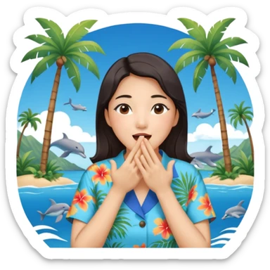 들뜬 표정의 20대 한국 여자, 여름 옷차림, 두 손으로 입을 감싸 “괌 가자~” 외치는 포즈. 민트색 배경, 밝고 유쾌한 광고 포스터 느낌,

옷이 더 하와이안 셔츠였음 좋겠어

멀리 있는 사람을 부르는 것처럼 

배경이 바다였음 좋겠어 약간 야자수랑 돌핀도 있고

멀~리 있는 사람을 부르는 손! sticker