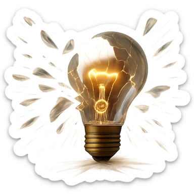 Depict a shattered lightbulb with glass fragments flying outward in a dynamic composition. Keep the background transparent. Highlight the motion and energy of the flying glass fragments. sticker