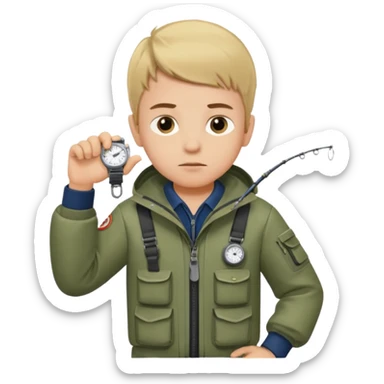 Boy in fishing suit looking at his wristwatch sticker