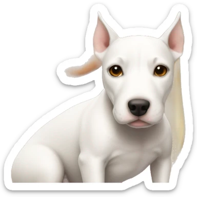 girl with long blond hair and brown eyes with a white bull terrier sticker
