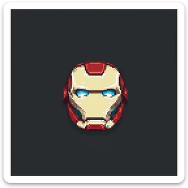 Front-facing Ironman mask, pixelated in the style of vintage Nokia mobile games, retro pixel art sticker