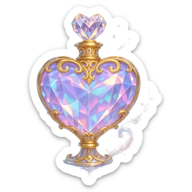 crystal luxurious heart-shaped elixir bottle with pastel gradient, lots of glow, facets, ornaments, golden details, magical effects, very small golden neck, transparent background, beautiful merging base, clearly floating in air, no ground or shadow, very luxurious, matching a collection sticker